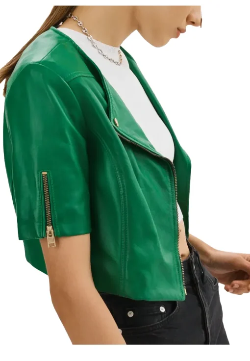 womens-short-sleeve-green-faux-leather-biker-jacket