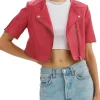 womens-short-sleeve-maroon-faux-leather-biker-jacket