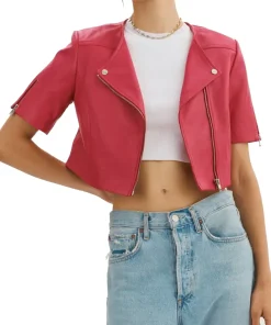 womens-short-sleeve-maroon-faux-leather-biker-jacket
