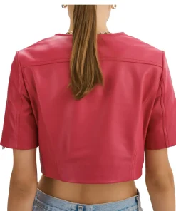 womens-short-sleeve-maroon-faux-leather-biker-jacket