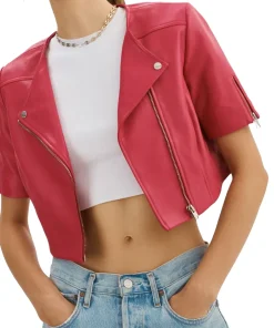 womens-short-sleeve-maroon-faux-leather-biker-jacket
