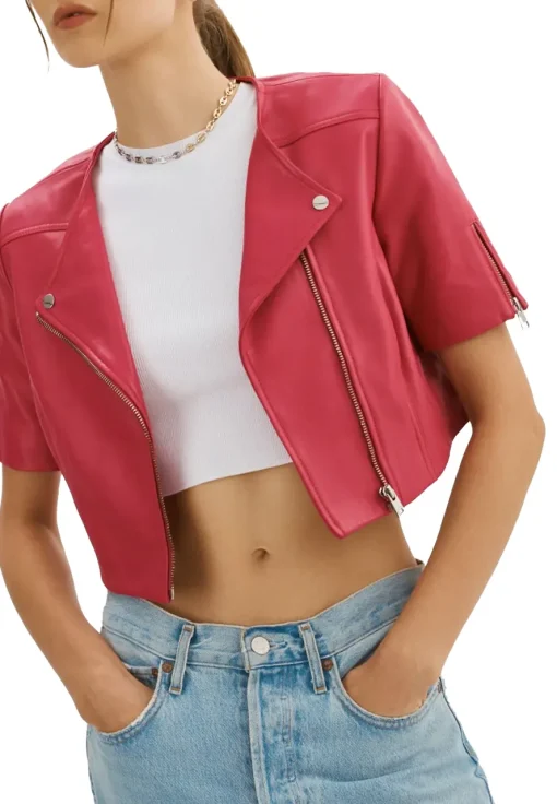 womens-short-sleeve-maroon-faux-leather-biker-jacket