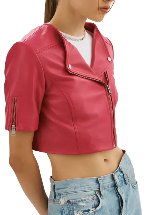 womens-short-sleeve-maroon-faux-leather-biker-jacket