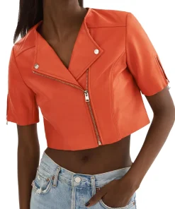 womens-short-sleeve-orange-faux-leather-biker-jacket