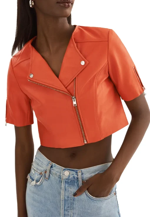 womens-short-sleeve-orange-faux-leather-biker-jacket