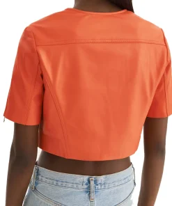 womens-short-sleeve-orange-faux-leather-biker-jacket
