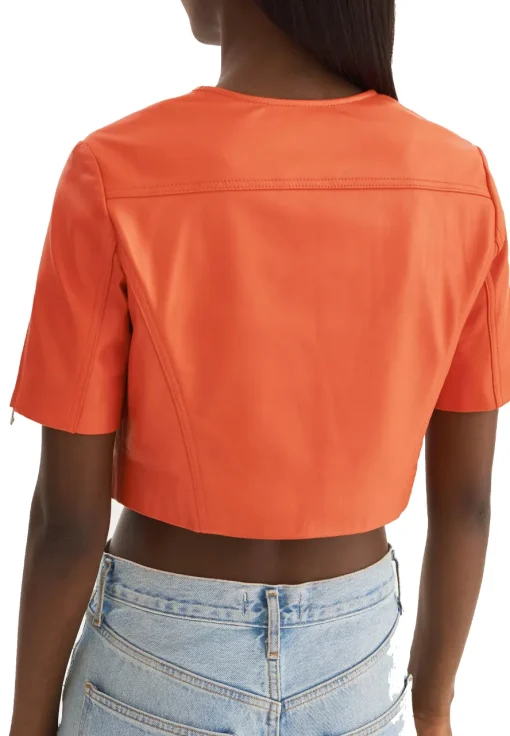 womens-short-sleeve-orange-faux-leather-biker-jacket