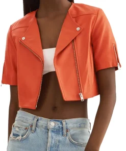 womens-short-sleeve-orange-faux-leather-biker-jacket