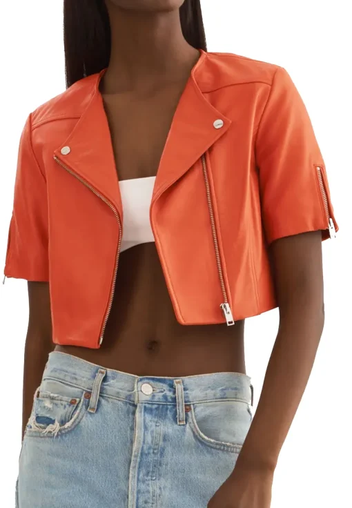 womens-short-sleeve-orange-faux-leather-biker-jacket