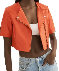 womens-short-sleeve-orange-faux-leather-biker-jacket