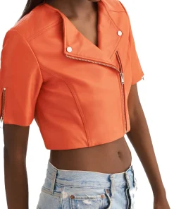 womens-short-sleeve-orange-faux-leather-biker-jacket
