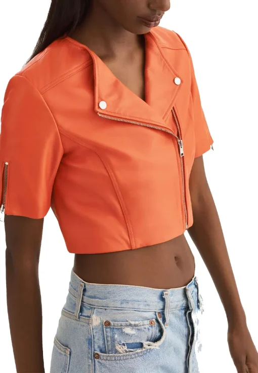 womens-short-sleeve-orange-faux-leather-biker-jacket
