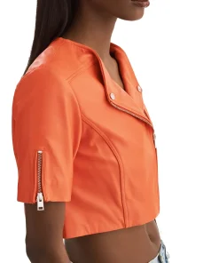 womens-short-sleeve-orange-faux-leather-biker-jacket
