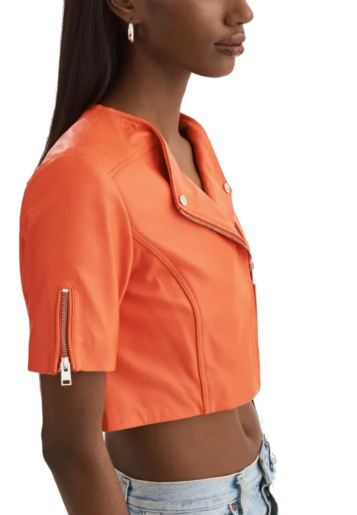 womens-short-sleeve-orange-faux-leather-biker-jacket