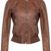 womens-snap-collar-brown-faux-leather-bomber-jacket