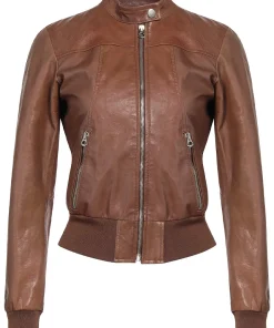 womens-snap-collar-brown-faux-leather-bomber-jacket