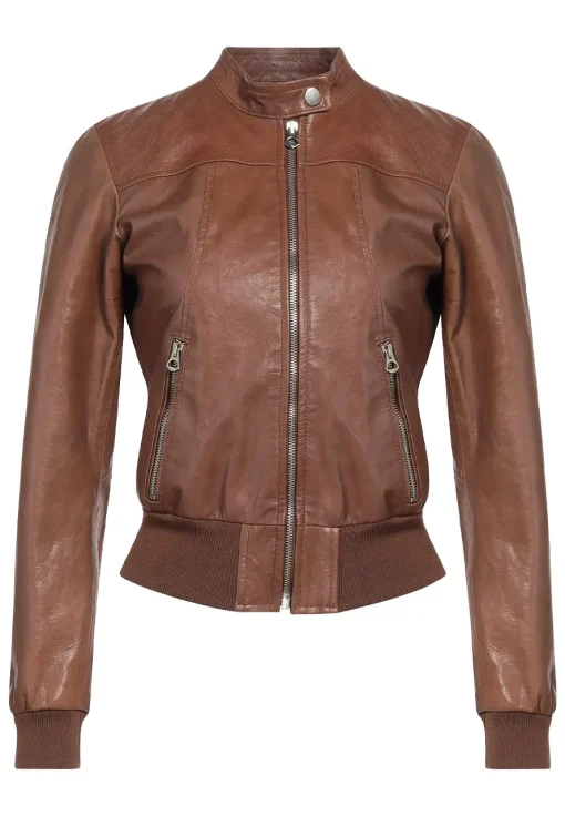womens-snap-collar-brown-faux-leather-bomber-jacket