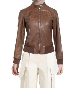 womens-snap-collar-brown-faux-leather-bomber-jacket