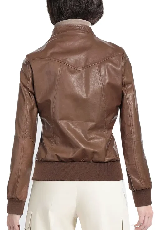 womens-snap-collar-brown-faux-leather-bomber-jacket