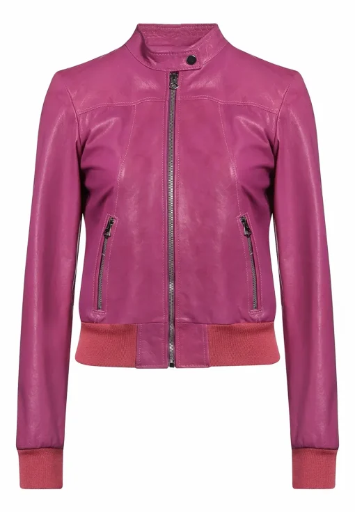womens-snap-collar-fuchsia-faux-leather-bomber-jacket