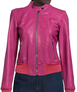 womens-snap-collar-fuchsia-faux-leather-bomber-jacket
