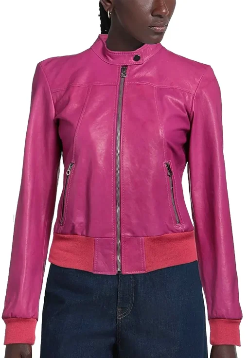 womens-snap-collar-fuchsia-faux-leather-bomber-jacket