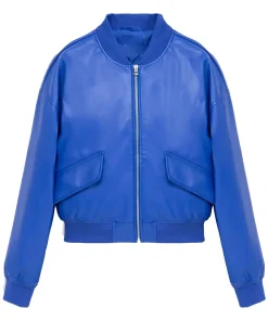 womens-blue-faux-leather-zipper-bomber-jacket