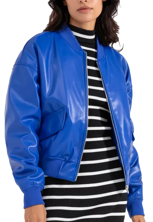 womens-blue-faux-leather-zipper-bomber-jacket