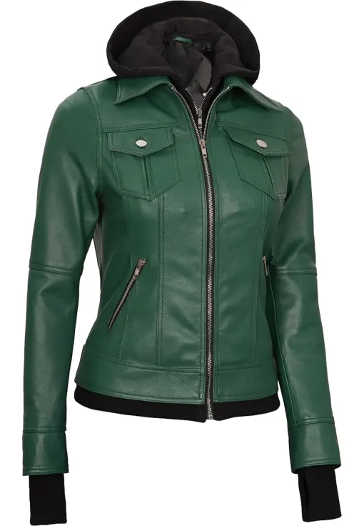 womens-green-faux-leather-bomber-jacket-with-removable-hood