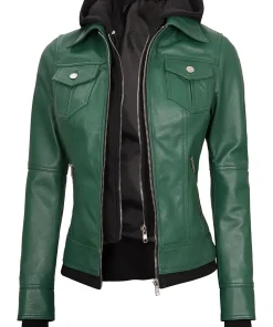 womens-green-faux-leather-bomber-jacket-with-removable-hood