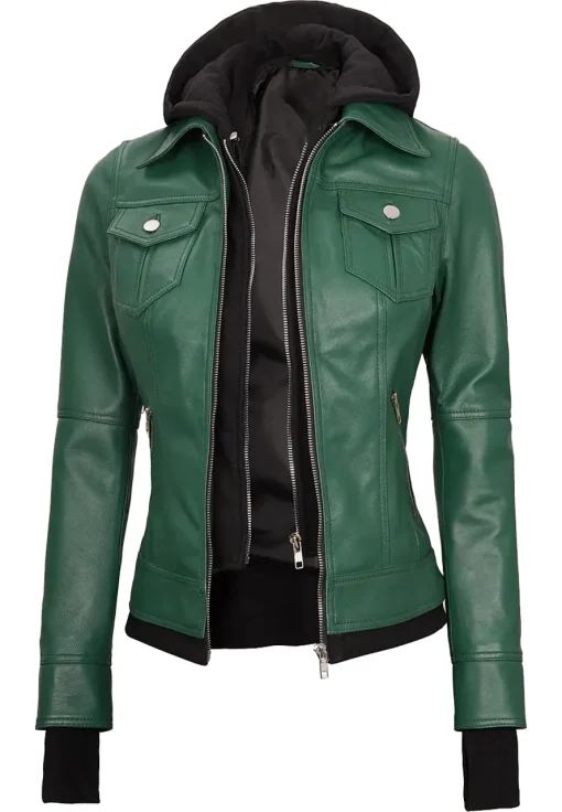 womens-green-faux-leather-bomber-jacket-with-removable-hood