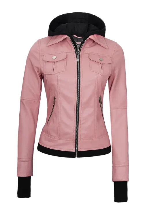 womens-pink-faux-leather-bomber-jacket-with-removable-hood