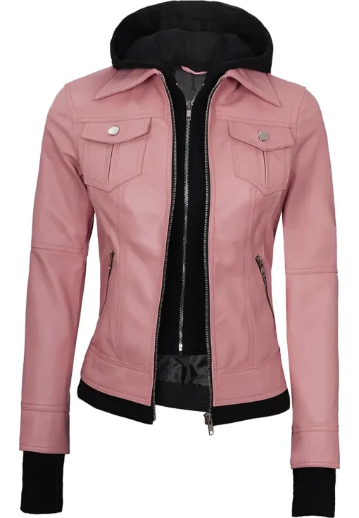 womens-pink-faux-leather-bomber-jacket-with-removable-hood