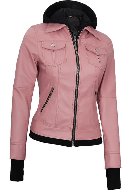 womens-pink-faux-leather-bomber-jacket-with-removable-hood