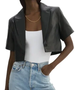womens-short-sleeve-black-faux-leather-blazer