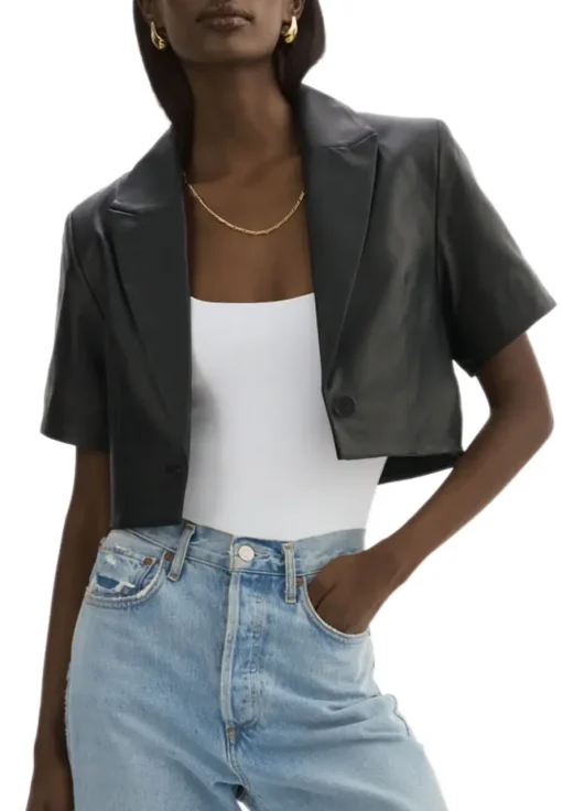 womens-short-sleeve-black-faux-leather-blazer