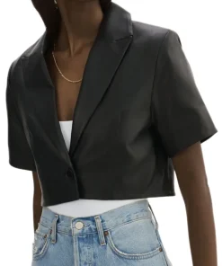 womens-short-sleeve-black-faux-leather-blazer