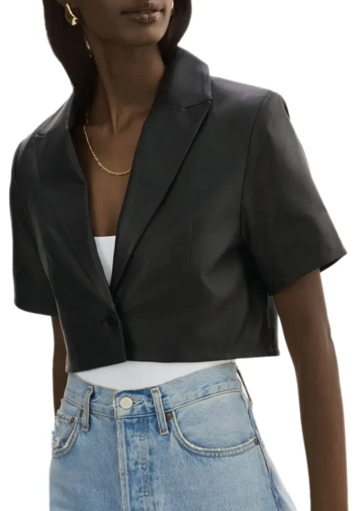 womens-short-sleeve-black-faux-leather-blazer