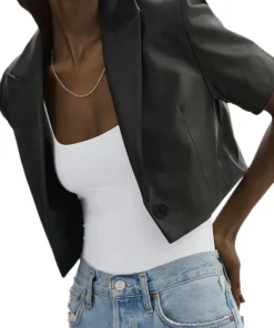 womens-short-sleeve-black-faux-leather-blazer