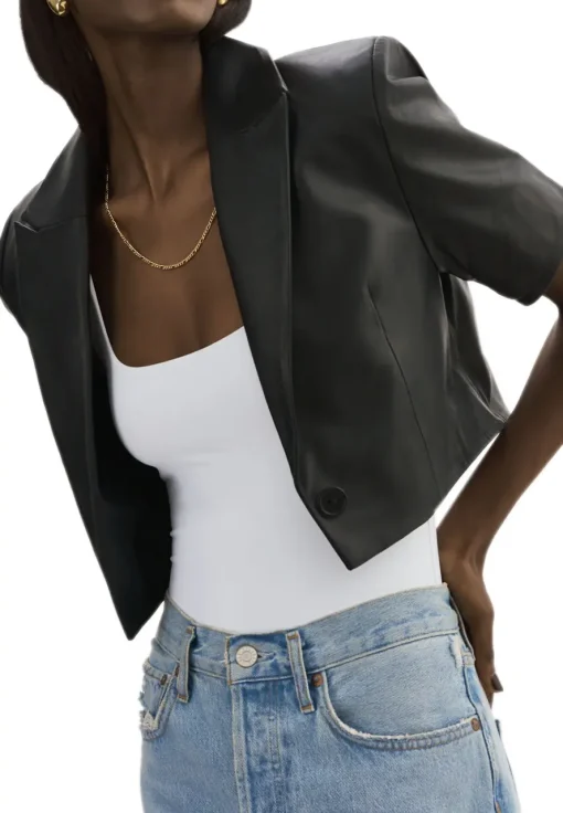 womens-short-sleeve-black-faux-leather-blazer