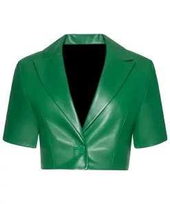 womens-short-sleeve-green-faux-leather-blazer