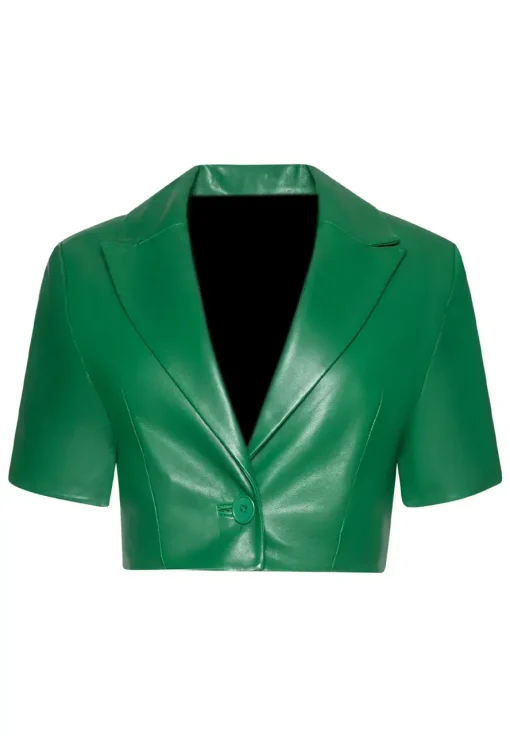 womens-short-sleeve-green-faux-leather-blazer
