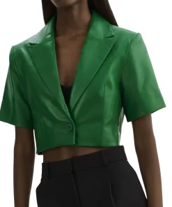 womens-short-sleeve-green-faux-leather-blazer
