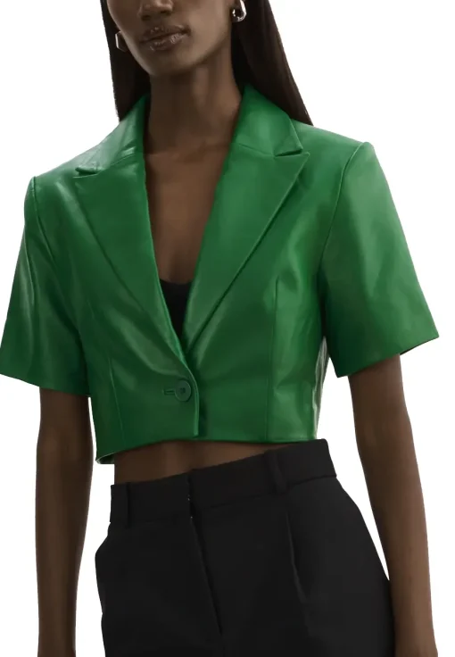 womens-short-sleeve-green-faux-leather-blazer