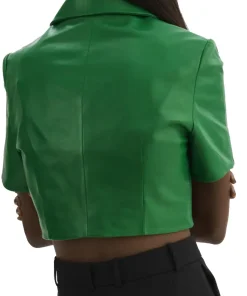 womens-short-sleeve-green-faux-leather-blazer