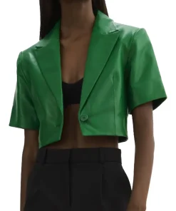 womens-short-sleeve-green-faux-leather-blazer