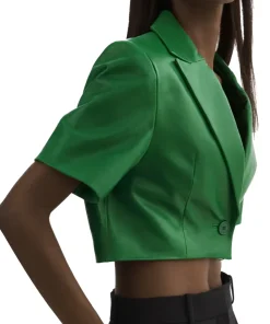womens-short-sleeve-green-faux-leather-blazer