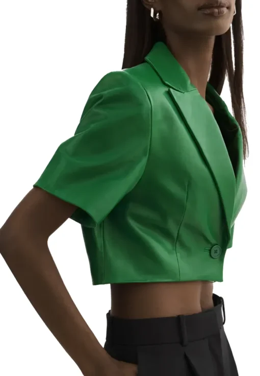 womens-short-sleeve-green-faux-leather-blazer