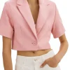 Women’s Short Sleeve Orchid Pink Faux Leather Blazer