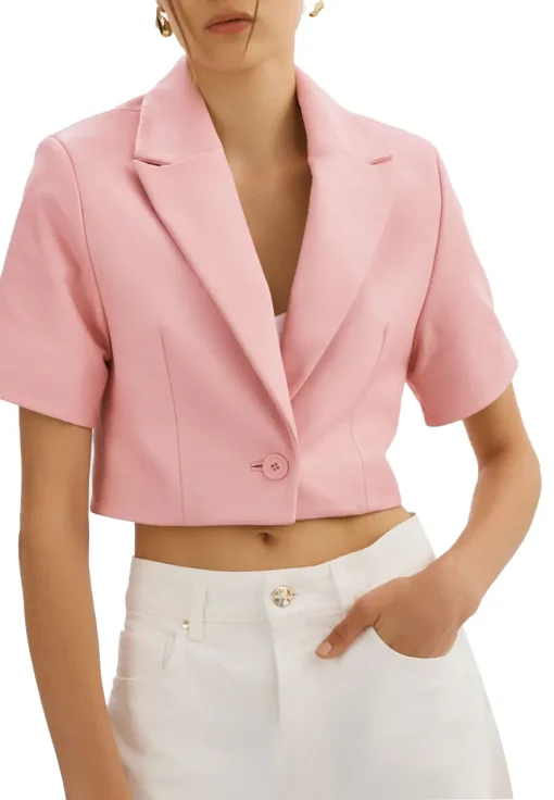 Women’s Short Sleeve Orchid Pink Faux Leather Blazer
